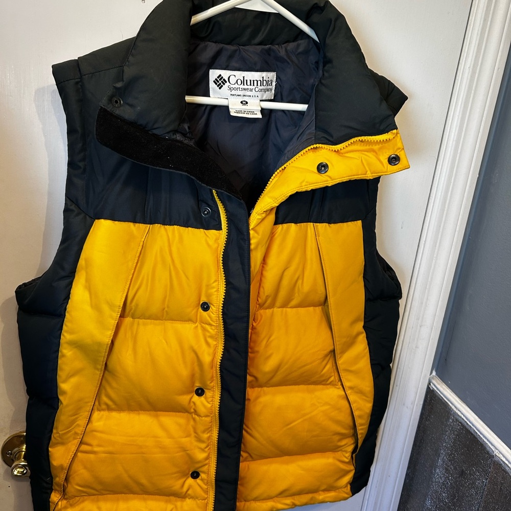 Men’s Vintage Columbia Blue and Yellow Puffer Vest.